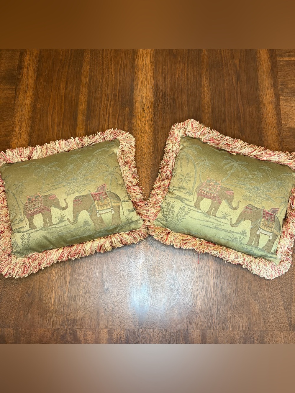 Vintage Borgata Elephant Motif Tapestry Throw Pillows with Fringe Trim Set of 2